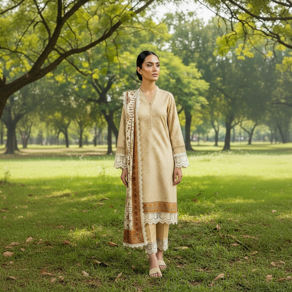 Printed Airjet Lawn 3 Piece Unstitched Summer Suit with Shirt Dupatta and Cambric Trouser Elegant Casual Wear Fabric Set